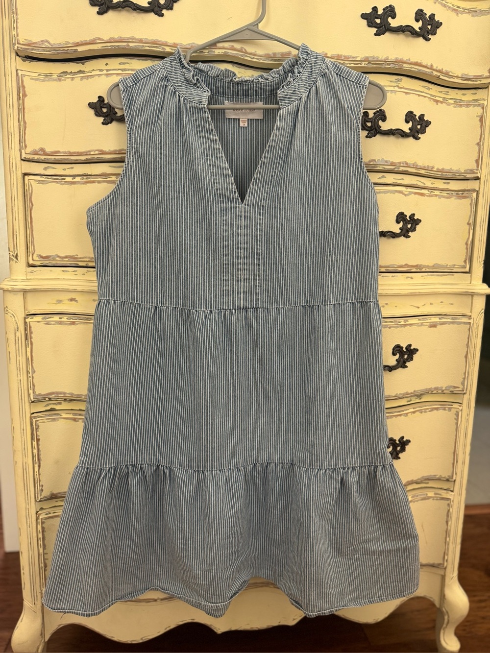 Dear John Blue White Pinstripe Tiered Sleeveless Dress Size Medium